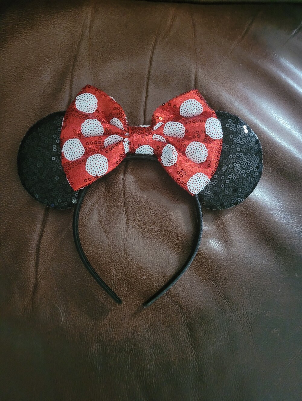 Disney ParksMinnie Mouse Sequin Ear Headband - Red & Black with White Polka Dots